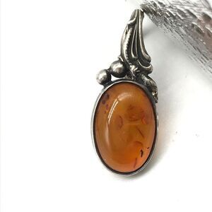 Vintage 925 Sterling Silver Natural Baltic Amber Chunky Oval Stone Pendant